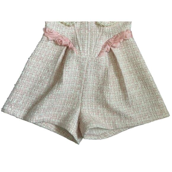 Akira Metallic Stitching Feminine Strapless Pearls Pretty In Pink Tweed Romper M - Picture 5 of 13